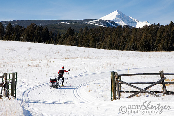 Cross-country skiing at Lone Mountain Ranch in Big Sky, MT, Chariot, skiing with kids