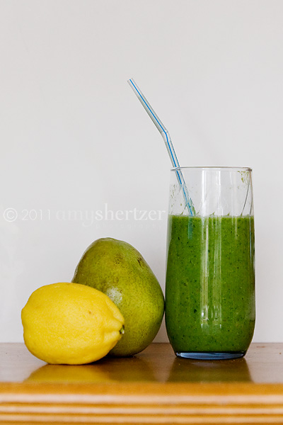 A green smoothie tastes fresh with the addition of pear and lemon.
